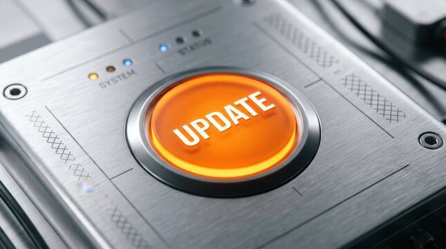 Metallic device featuring a prominent glowing orange update button representing software upgrades and system maintenance processes for digital