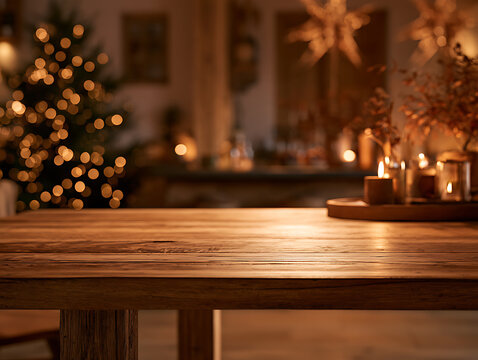 Winter holiday table setting with candles and a Christmas tree in a decorated room