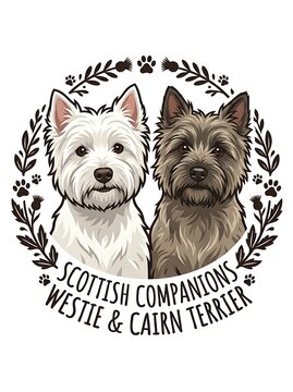 Two Cute West Highland White Terriers Sitting in a Row with a Bone, Adorable Small Dogs and Pedigree Pets Isolated on White Background