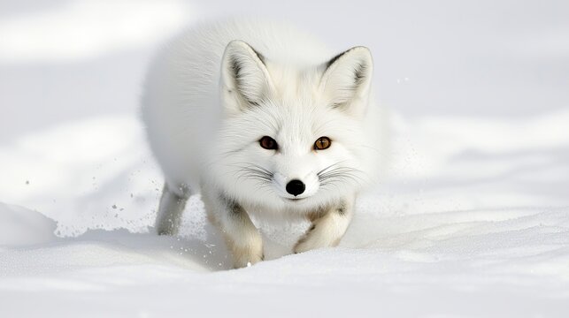 Arctic fox pouncing headfirst into deep snow, hunting small prey, energetic