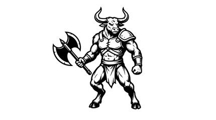 Fototapeta premium Black and white illustration of a powerful minotaur warrior holding a double-bladed axe, depicted in a strong and aggressive stance.