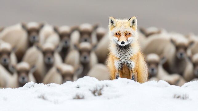 Arctic fox pouncing headfirst into deep snow, hunting small prey, energetic