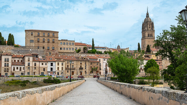 Vista de la ciudad de Salamanca desde el puente romano y con el campanario de su catedral g&oacute;tica al fondo, Espa&ntilde;a