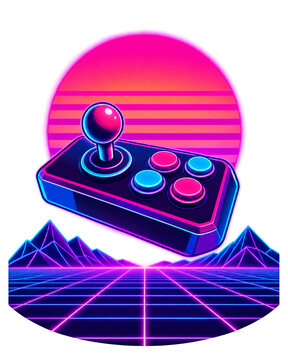 Arcade joystick over neon grid and striped sun, 80s synthwave style