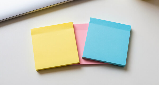 Three blank colorful sticky notes yellow pink blue paper pads lying on white office desk beside modern laptop computer workspace surface