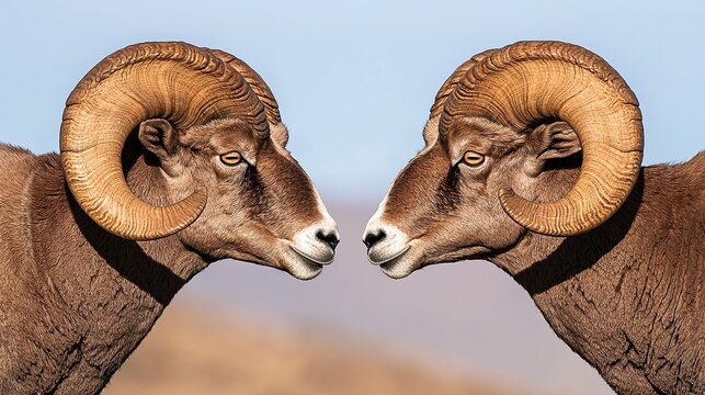 Bighorn sheep ram clashing horns with another, powerful, territorial display