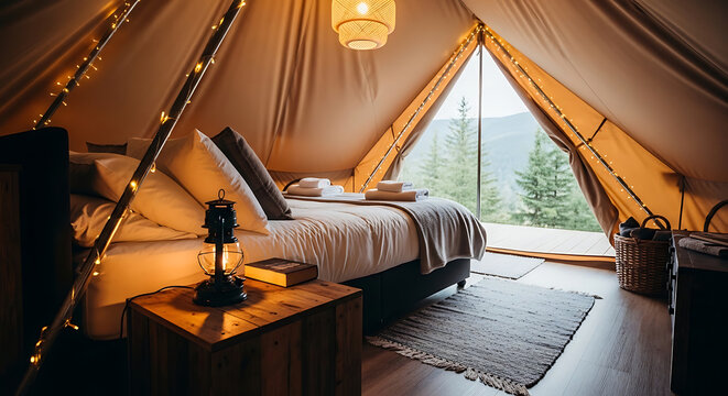 Glamping Luxury Tent Interior Cozy Bedroom Furniture Forest Getaway Adventure