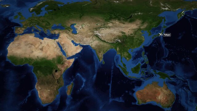 Animated Airplane Flight Path from Tokyo to Munich on World Map