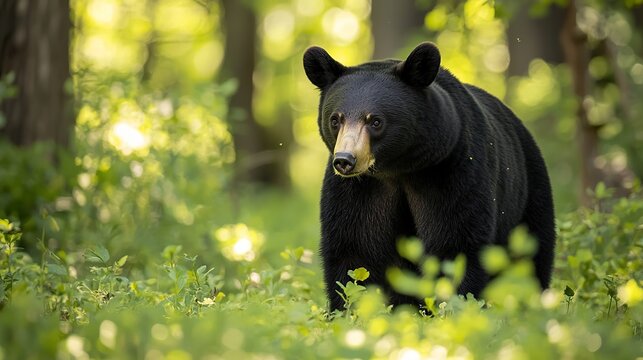 Black bear foraging for berries in a sun-dappled forest, peaceful, natural behavior