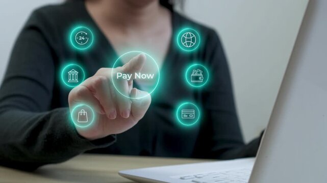 Casual Woman making successful online payment on laptop using virtual pay now button interface