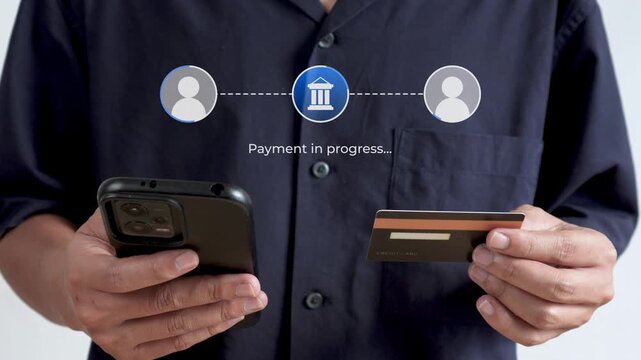Casual Man use smart phone and credit card for Direct peer-to-peer bank payment transfer processing