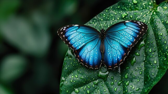 Blue morpho butterfly resting on a dew-covered leaf, vibrant blue, delicate