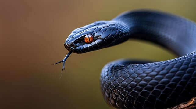 Black mamba snake poised to strike on a branch, intense, dangerous