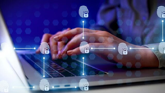 A person types on a laptop while graphic elements of fingerprints and locks appear on the screen. This scene highlights the relevance of cybersecurity in today's digital world.