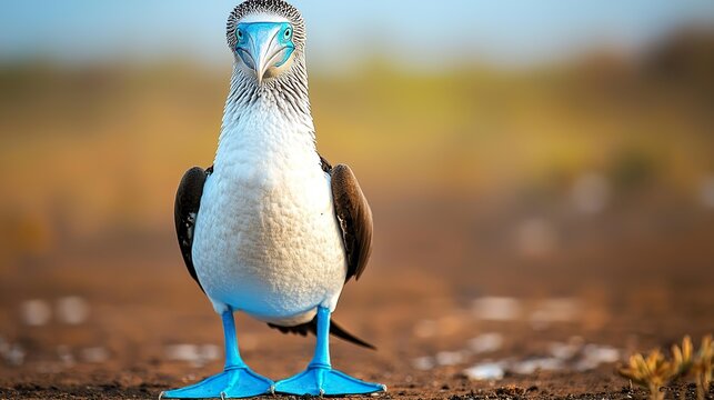 Blue-footed booby raising its bright blue feet in a dance, unique courtship