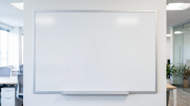 Blank whiteboard hanging on wall in modern corporate office interior empty dry erase board presentation meeting room mockup template copy space