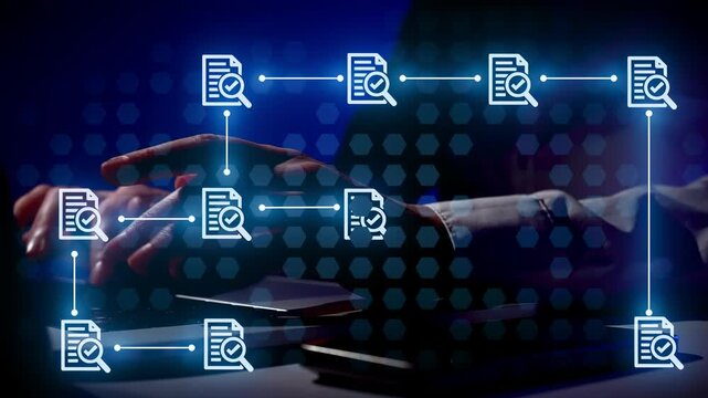 A person is typing on a laptop at a desk. Digital icons representing documents and searches appear in the background. The scene shows a workspace focused on data management.