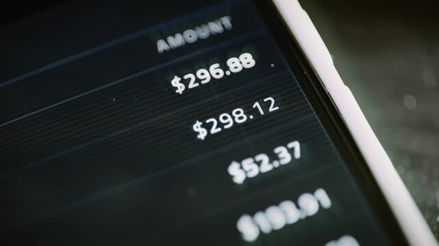 Transaction amount column cycles through dollar values