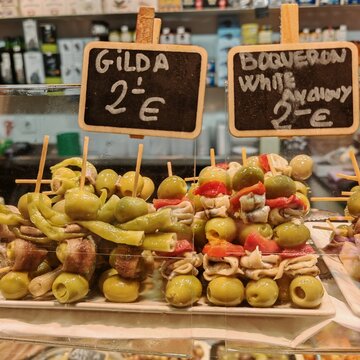 Traditional Spanish Gildas with Olives, Anchovies and Pickled Peppers at Barcelona Food Market