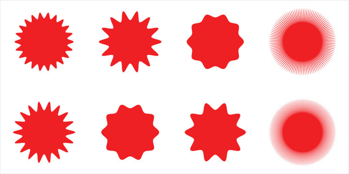 Red colour vector starburst icon set on white page. Sunburst red vector offer icon set on white page. Vector empty collection of red starburst icons set on white page. EPS 10. 