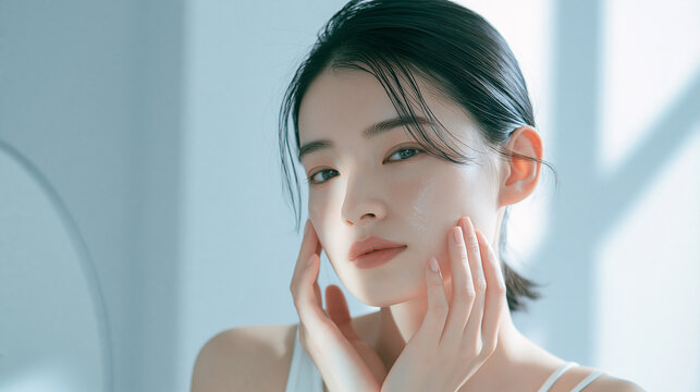 鏡の前で肌のケアをしているアジア人女性。美容、スキンケア用素材
