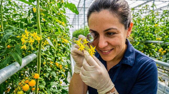 female agronomist inspecting yellow tomato flowers loupe glass greenhouse hydroponic vegetable agriculture plant woman farming horticulture blossom crop botanist biology