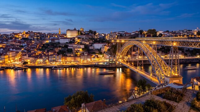 Porto old town and Dom Luis bridge over the Douro at blue hour
