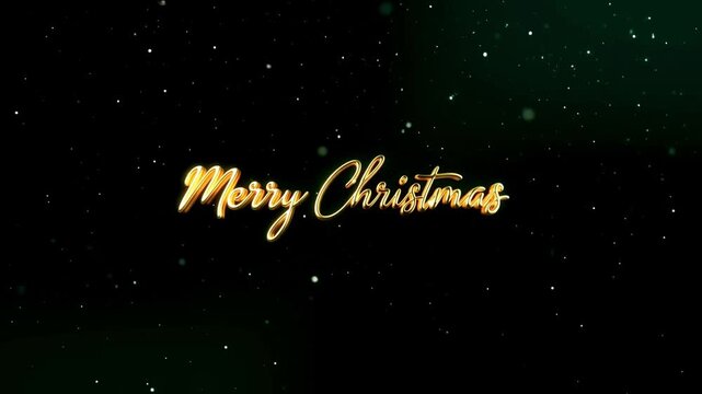 Merry christmas text with golden 3d letters and glowing particles on a dark background, festive holiday greeting card design