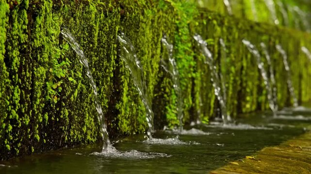 Rows of slender water jets spout from a moss covered stone wall into a clear channel at Parque Nacional Barranca del Cupatitzio in Uruapan, Michoacan, Mexico. Close up shot
