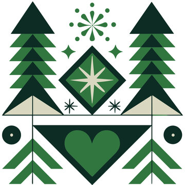 Geometric Christmas Trees with Heart and Star Ornaments, Nordic Holiday Folk Art Design, Editable Vector Isolated on Transparent Background