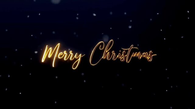 Golden merry christmas text with glowing light effect on a dark background with falling snow particles for holiday greeting cards and festive motion graphics