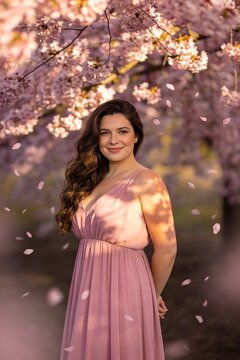 Elegant woman in a blush dress beneath blooming cherry blossoms with drifting petals and warm afternoon light creating a graceful romantic portrait.