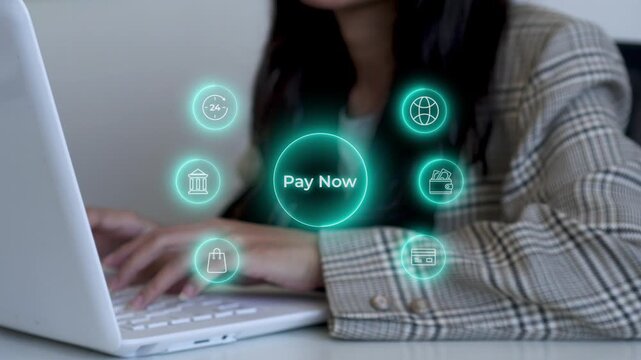 Businesswoman making successful online payment on laptop using virtual pay now button interface