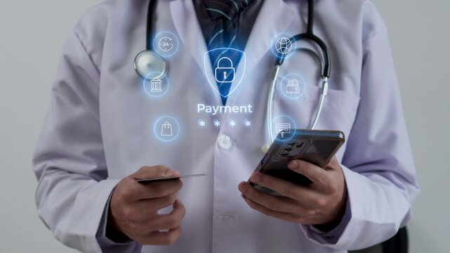 Doctor with Secure digital medical billing payment transaction with encrypted password interface
