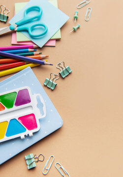 School supplies and stationery items creating a creative learning flat lay