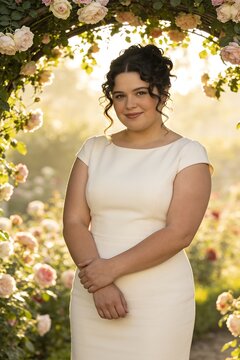 American woman in an ivory sundress beneath a rose-covered garden arch, surrounded by soft morning light and blooming flowers in a serene outdoor portrait, chubby girl.