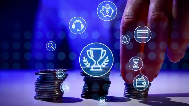 A hand reaches for stacks of coins on a table. Digital icons representing finance, achievement, and management appear above the coins in a bright setting.