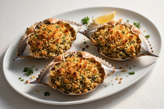 Appetizing forty-five degree angle view of freshly baked stuffed blue crab shells served elegantly on a white oval plate