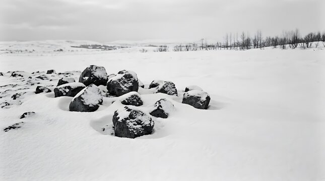 Snow-covered rocks in winter landscape with open space for text
