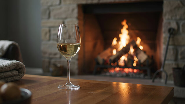 Glass of white wine on a wooden table in front of a cozy fireplace