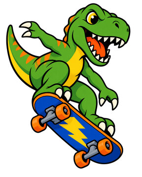 Cartoon T-rex dinosaur riding a skateboard with lightning bolt