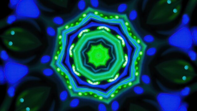 Abstract Kaleidoscopic Pattern with Green and Blue Hues.