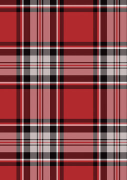 Seamless tartan plaid pattern in red, black, grey, and white. Classic checkered woven fabric texture for winter apparel, lumberjack flannel shirts, and digital background design.