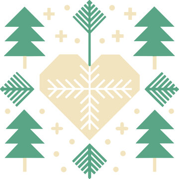Geometric Christmas Heart with Snowflake and Evergreen Trees, Nordic Winter Folk Art Design, Editable Vector Isolated on Transparent Background