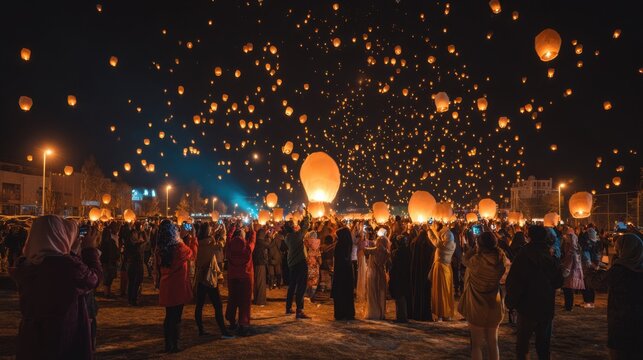 Crowd of people releasing glowing sky lanterns into dark night sky during traditional festival celebration with thousands of magical floating orange lanterns