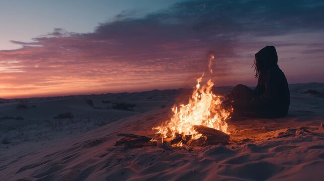 Lone traveler sitting by campfire on desert sand dunes at dusk with purple orange sunset sky silhouette cinematic adventure camping in wilderness