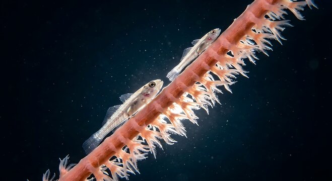 A macro underwater photograph of tiny translucent gobies perched on vibrant sea pen whip coral, dramatically backlit against dark deep ocean water in Anilao, Philippines.