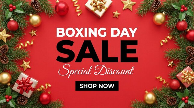 Boxing Day sale banner with bold lettering, special discount message, shop now button, and festive Christmas decorations on red background
