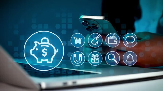 Person holds smartphone while engaging in mobile banking and online shopping. A laptop is on the desk showing digital icons of financial services and shopping options.