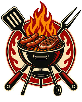 Kettle grill with sausages, steak, flames and crossed BBQ tools